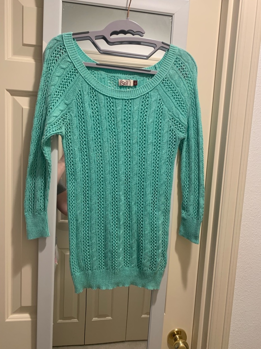 SO Women's Mint Open-Knit Scoop Neck Sweater